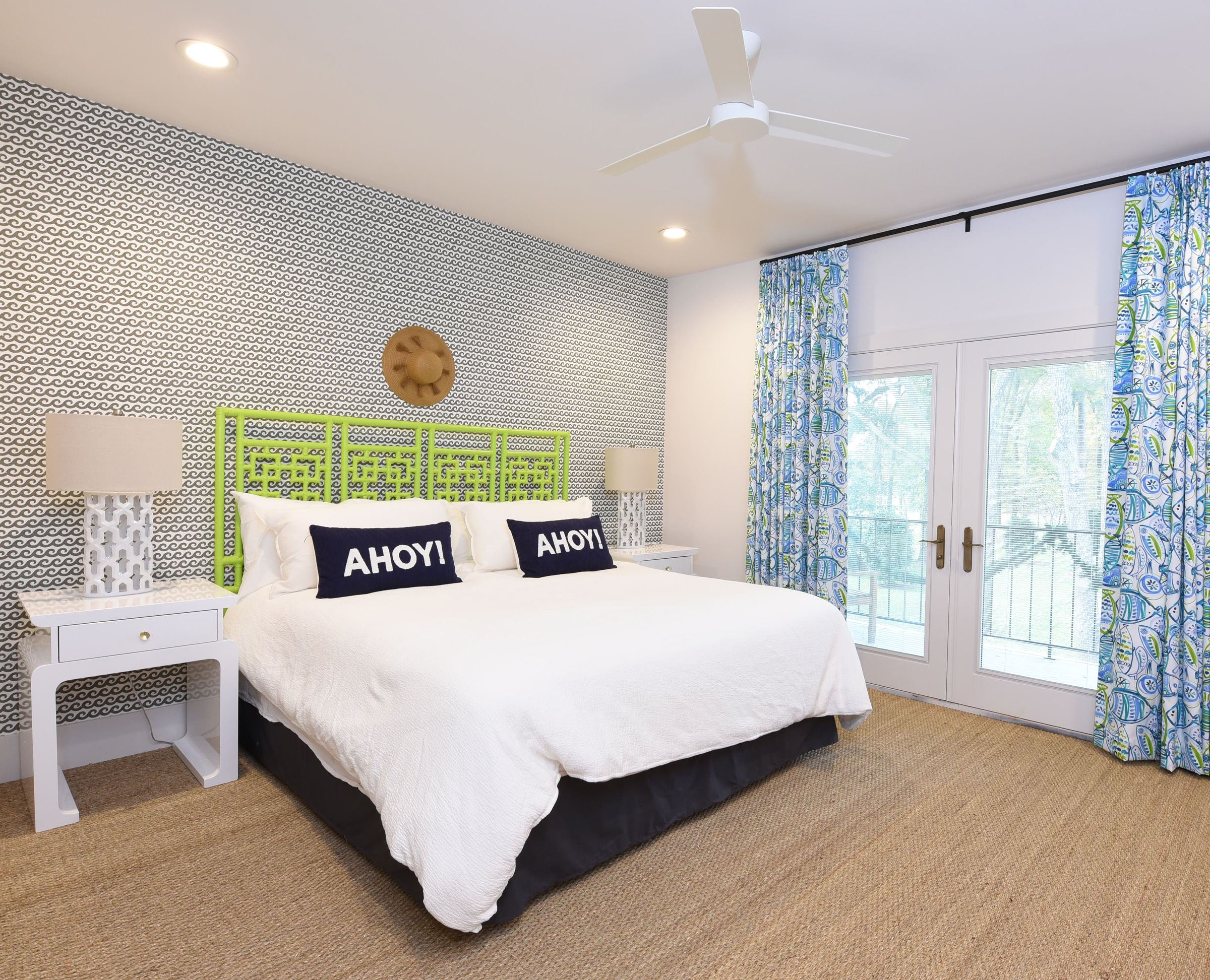 Bright bathroom with patterned wallpaper